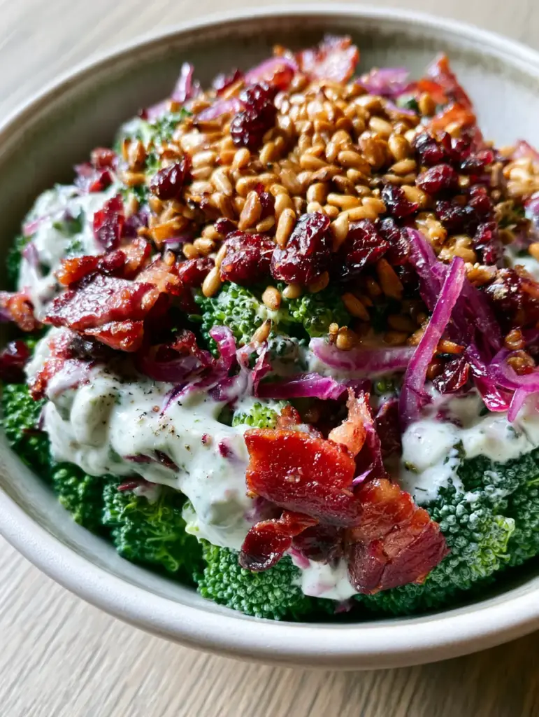 Cold Broccoli Salad With Crispy Smoked Bacon And Creamy Dressing 2 Close-up of cold broccoli salad showing the glossy sheen of the creamy white dressing and tiny specks of black pepper.