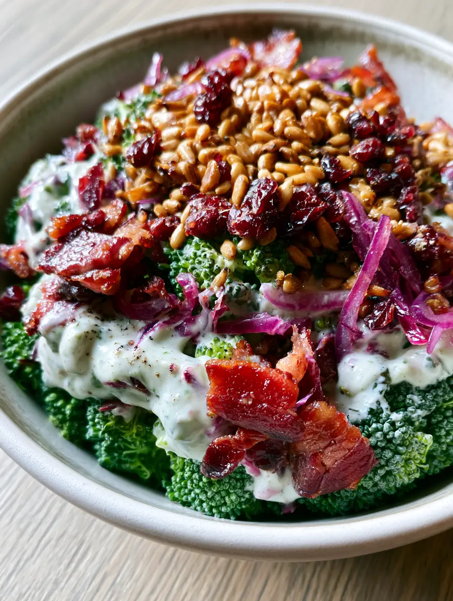 Cold Broccoli Salad With Crispy Smoked Bacon And Creamy Dressing 3 Close-up of cold broccoli salad showing the glossy sheen of the creamy white dressing and tiny specks of black pepper.