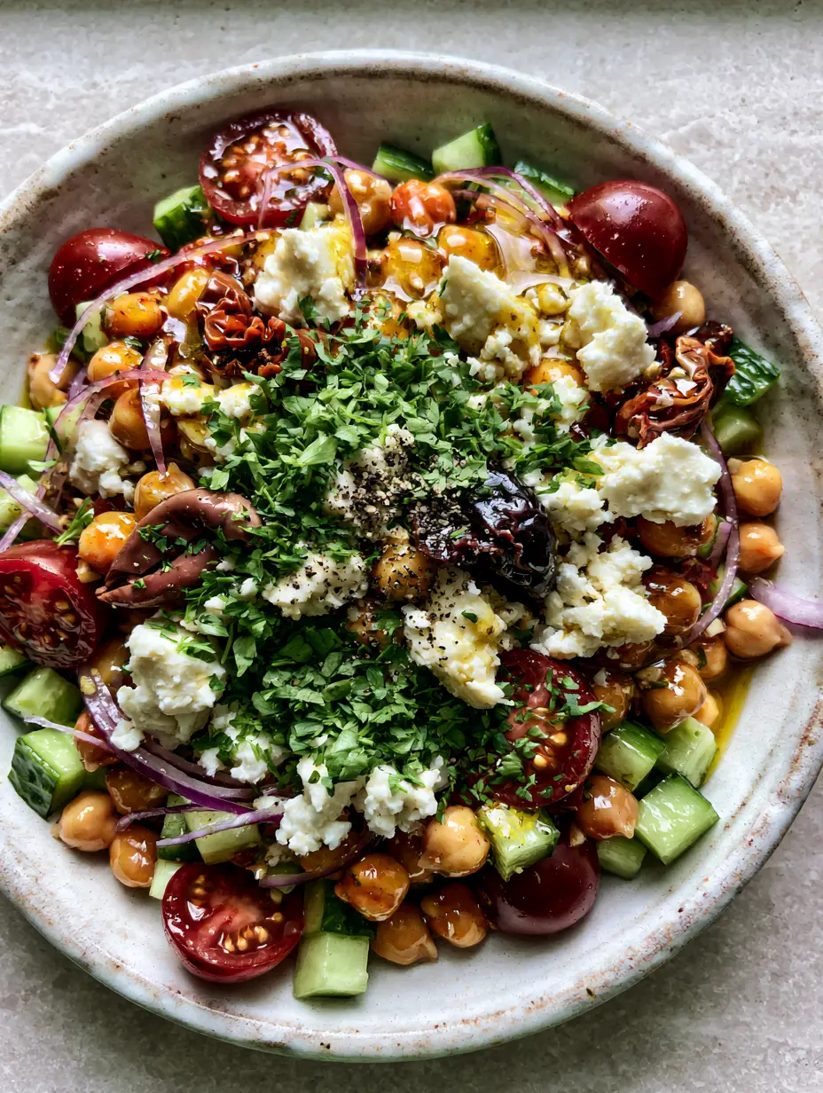 Greek Chickpea Salad: The Ultimate 10-Minute Mediterranean Power Bowl 3 Overhead smartphone photo of greek chickpea salad in a shallow white bowl on a stone surface. (greek chickpea salad)