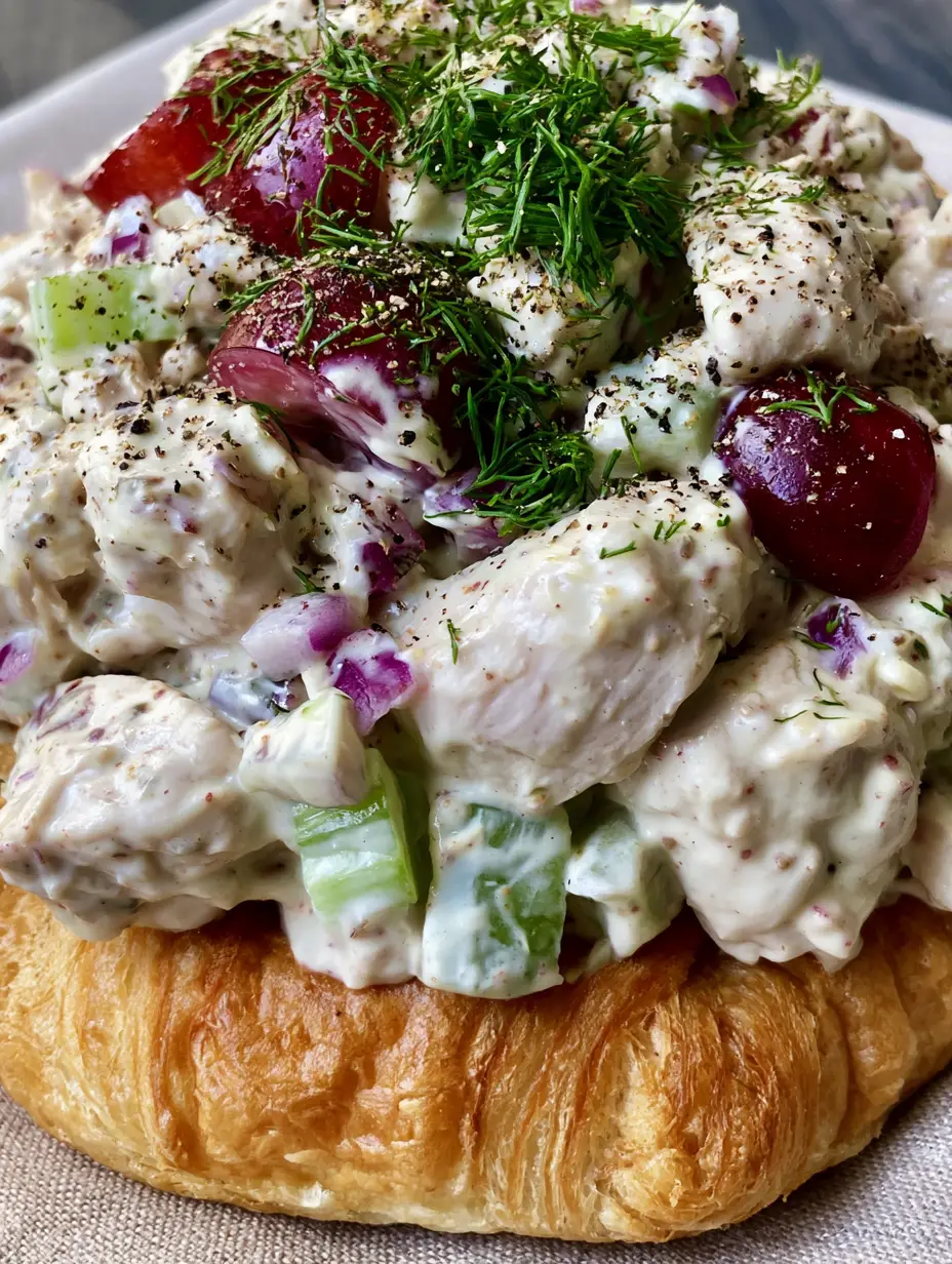 Classic Chicken Salad with Grapes and Fresh Dill on Buttery Croissants 3 Macro photo of chunky classic chicken salad with grapes and celery in a creamy dressing.