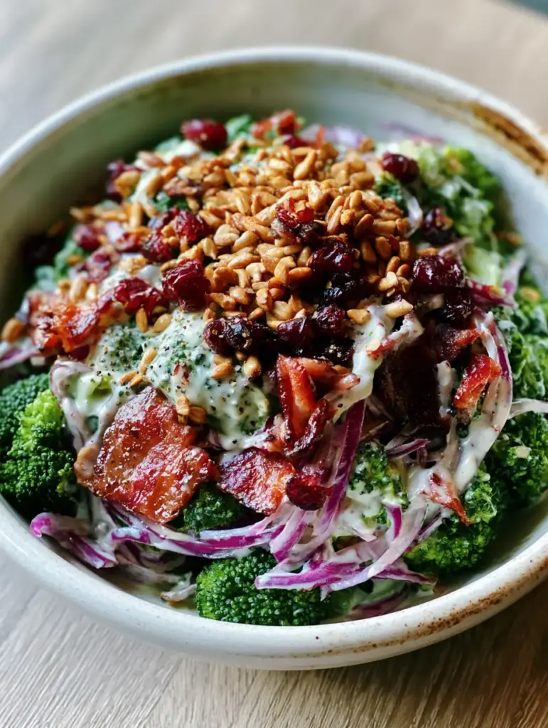 Cold Broccoli Salad With Crispy Smoked Bacon And Creamy Dressing 1 Handheld photo of cold broccoli salad in a white ceramic bowl with toasted golden sunflower seeds and purple onion slivers.
