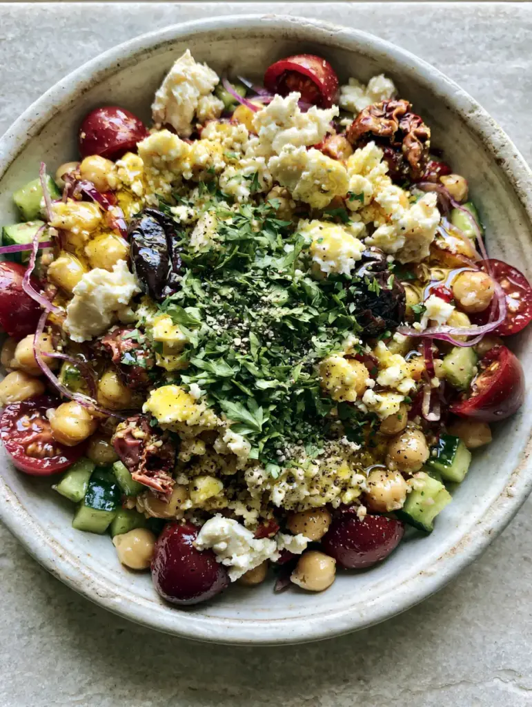 Greek Chickpea Salad: The Ultimate 10-Minute Mediterranean Power Bowl 1 Close up of glossy chickpeas, red onions, and chunky white feta in a greek chickpea salad.