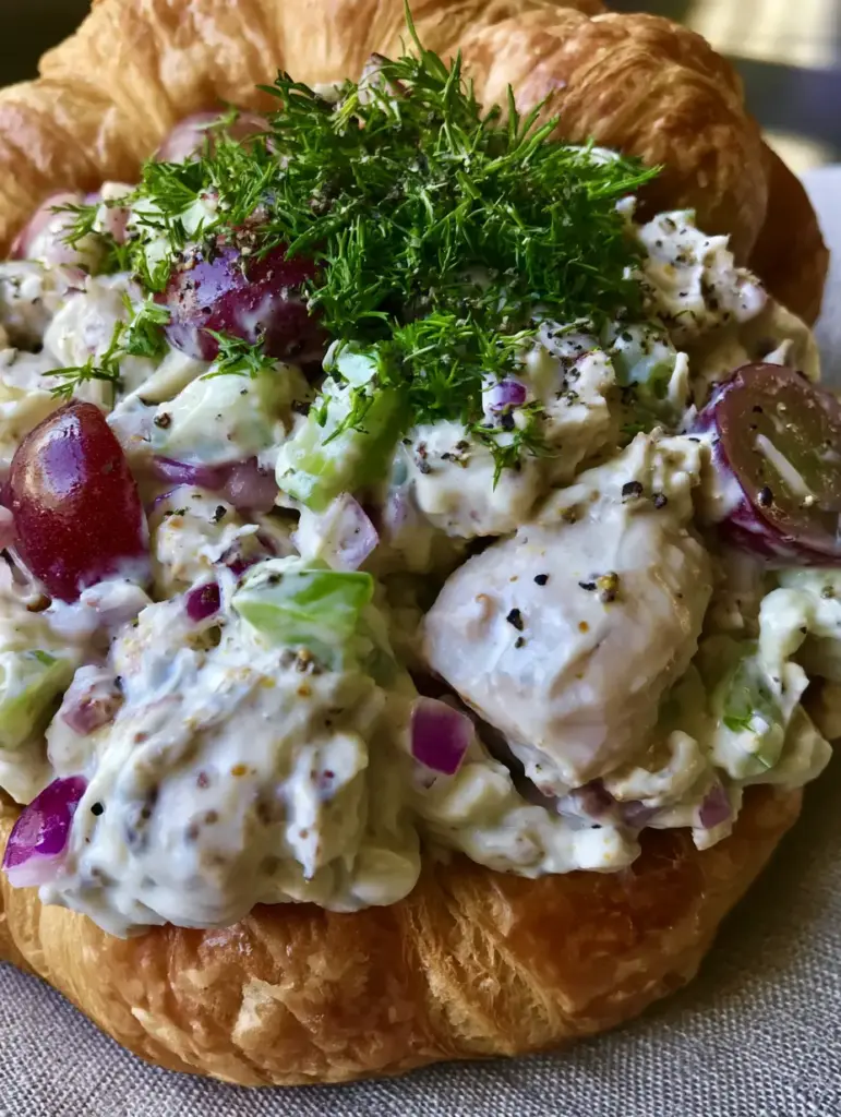 Classic Chicken Salad with Grapes and Fresh Dill on Buttery Croissants 1 A handheld shot of a messy and delicious classic chicken salad croissant with purple onion highlights.