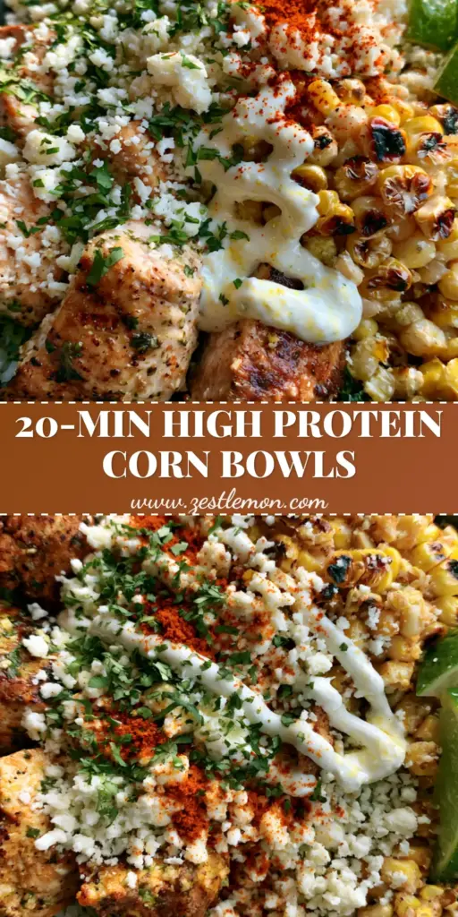 Street Corn Chicken Bowl with Charred Corn and Cilantro Lime Chicken 4 A top-down view of a Street Corn Chicken Bowl with charred corn, seared chicken cubes, and a crema drizzle in a grey bowl.