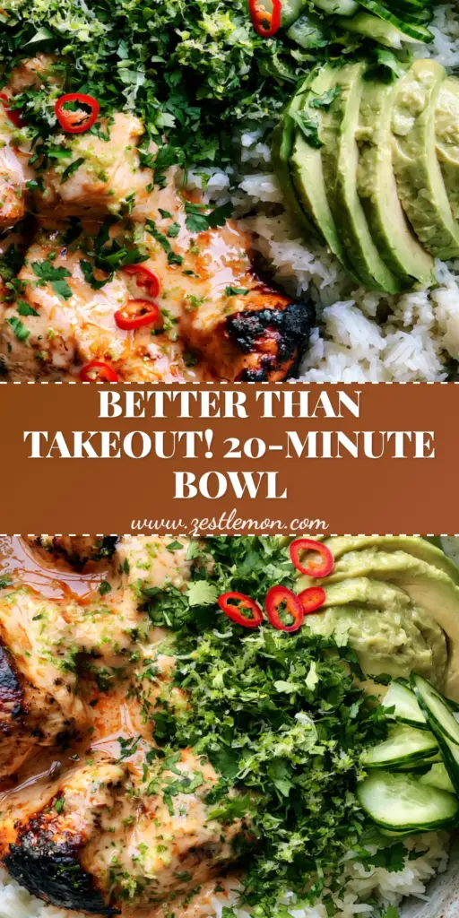 Coconut Chicken Rice Bowl: The Ultimate Creamy Lime Thai-Inspired Dinner 4 A rustic speckled ceramic bowl featuring a Coconut Chicken Rice Bowl with seared golden-brown chicken chunks, glossy pale-orange sauce, and fresh fanned avocado.