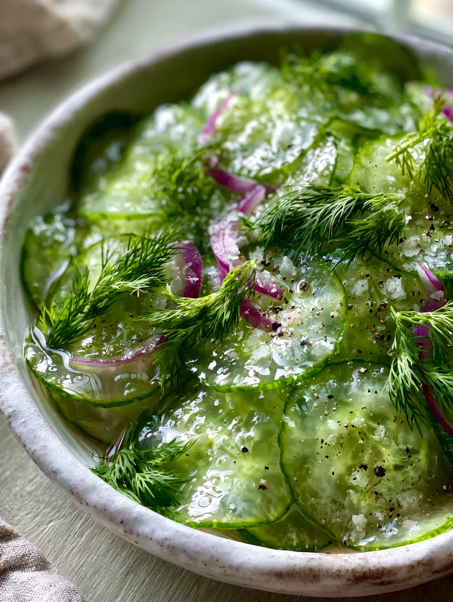 Vinegar Cucumber Salad: The Ultimate Crisp and Refreshing Summer Side Dish 3 Ultra close-up of glossy, paper-thin cucumber slices in a clear vinegar dressing with visible dill and sea salt flakes. (vinegar cucumber salad)