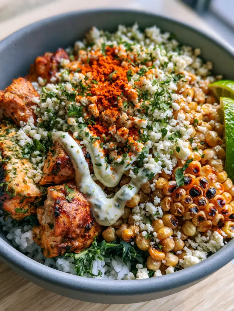 Street Corn Chicken Bowl with Charred Corn and Cilantro Lime Chicken 1 Top-down photo of the assembled Street Corn Chicken Bowl with zig-zag crema drizzle and lime wedges.