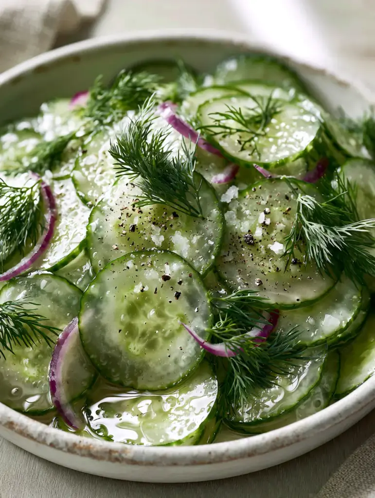 Vinegar Cucumber Salad: The Ultimate Crisp and Refreshing Summer Side Dish 1 A top-down view of a rustic bowl containing vinegar cucumber salad with vibrant purple red onions and green dill fronds.