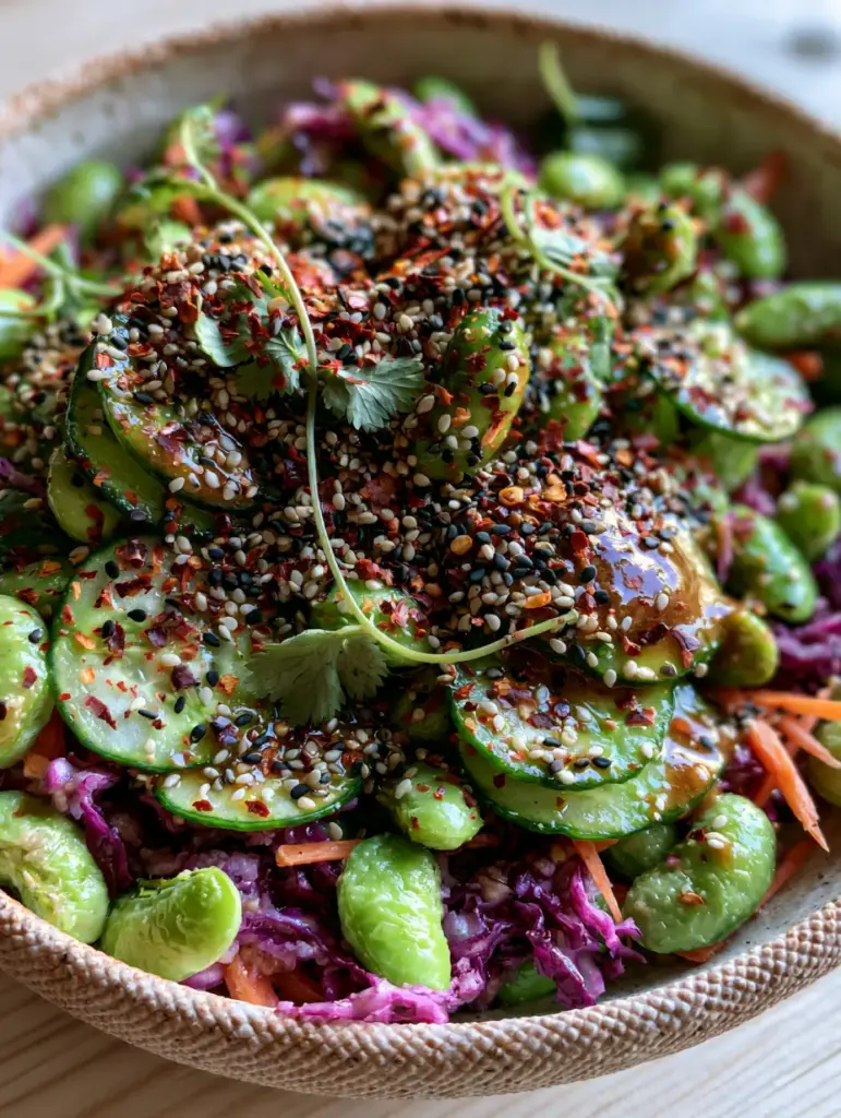 Cucumber Edamame Salad with Toasted Sesame Soy Dressing 2 Extreme close-up of thinly sliced Persian cucumbers and bright green edamame beans in a glossy dressing. (cucumber edamame salad)