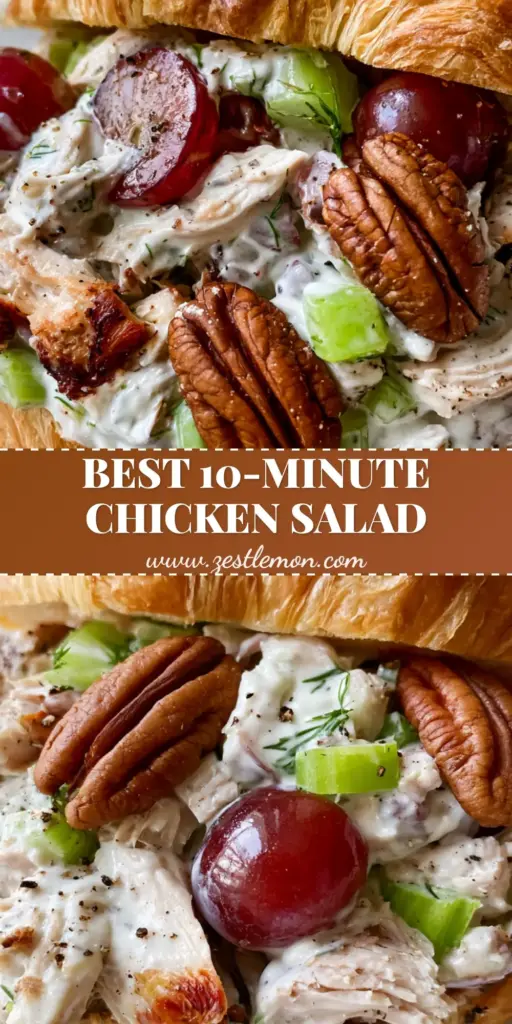 Chicken Salad with Grapes: The Ultimate Creamy Croissant Sandwich 4 A towering chicken salad with grapes sandwich on a buttery croissant, featuring crimson grapes and toasted pecans on a white marble surface.