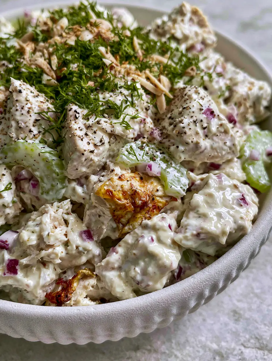 Macro eye-level close-up of Homemade Chicken Salad with glossy ivory dressing, translucent celery, and golden rotisserie chicken skin.