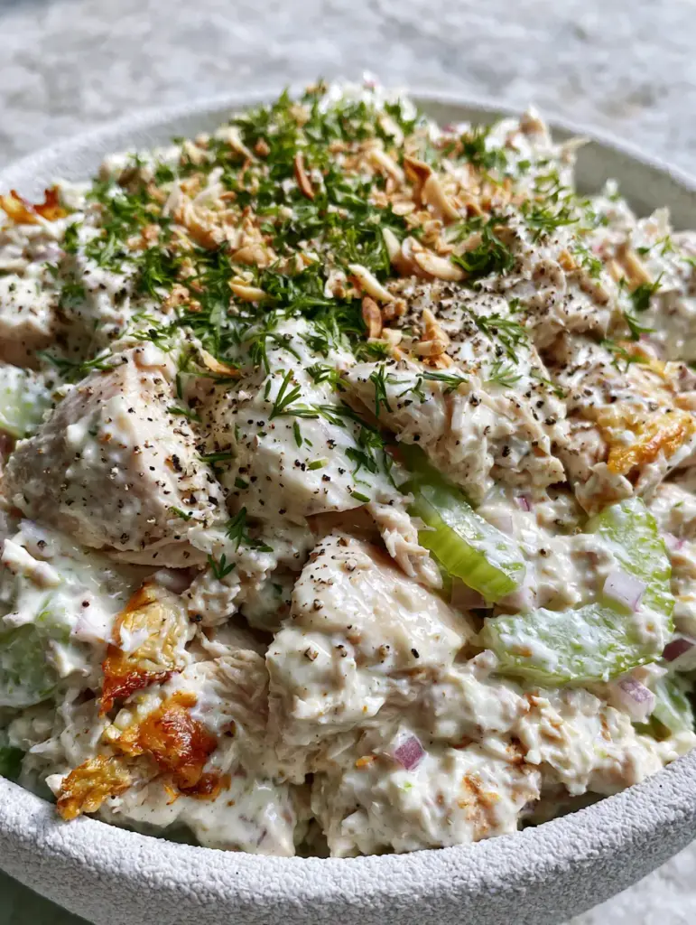Close-up of Homemade Chicken Salad showing finely chopped fresh dill and toasted slivered almonds on top of creamy chicken chunks.