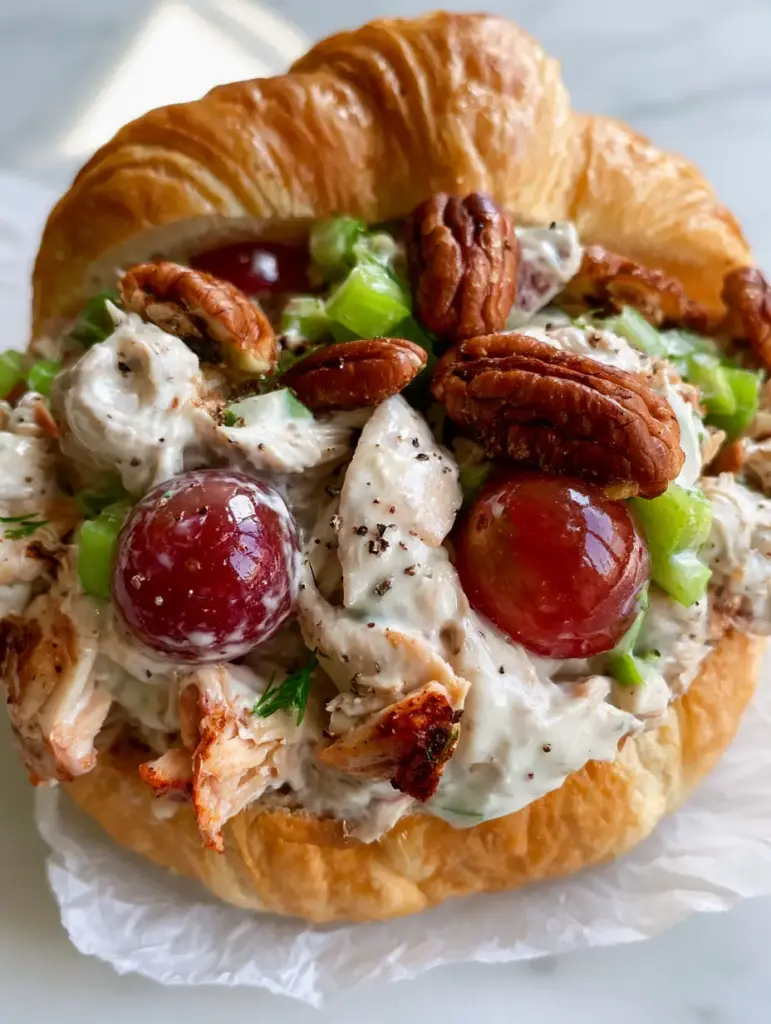 Chicken Salad with Grapes: The Ultimate Creamy Croissant Sandwich 2 Close-up of hand-shredded rotisserie chicken salad with grapes, flecked with fresh dill and black pepper inside a flaky croissant.
