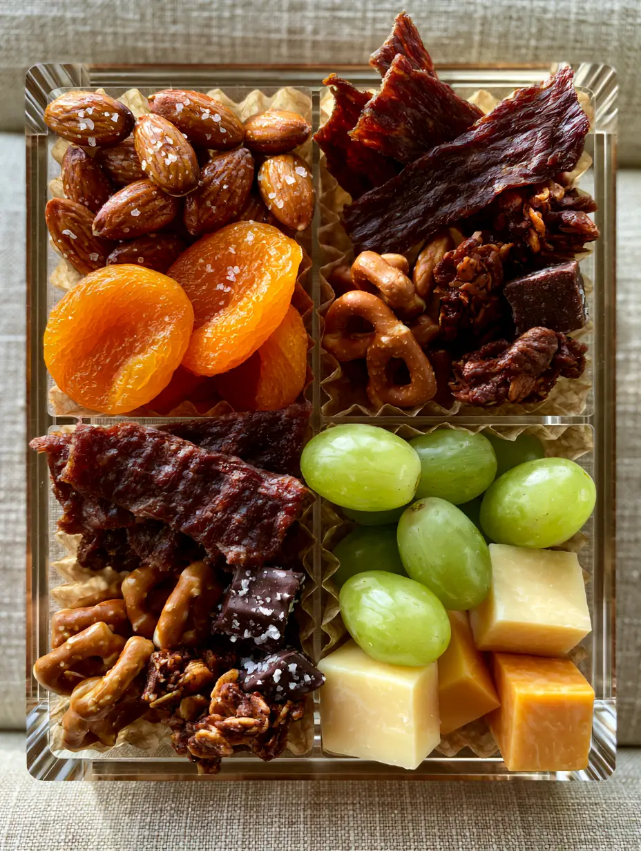 Healthy Road Trip Snacks: The Ultimate High-Protein Travel Box Guide 3 Top-down lifestyle shot of a clear multi-compartment organizer filled with healthy road trip snacks on a linen car seat.
