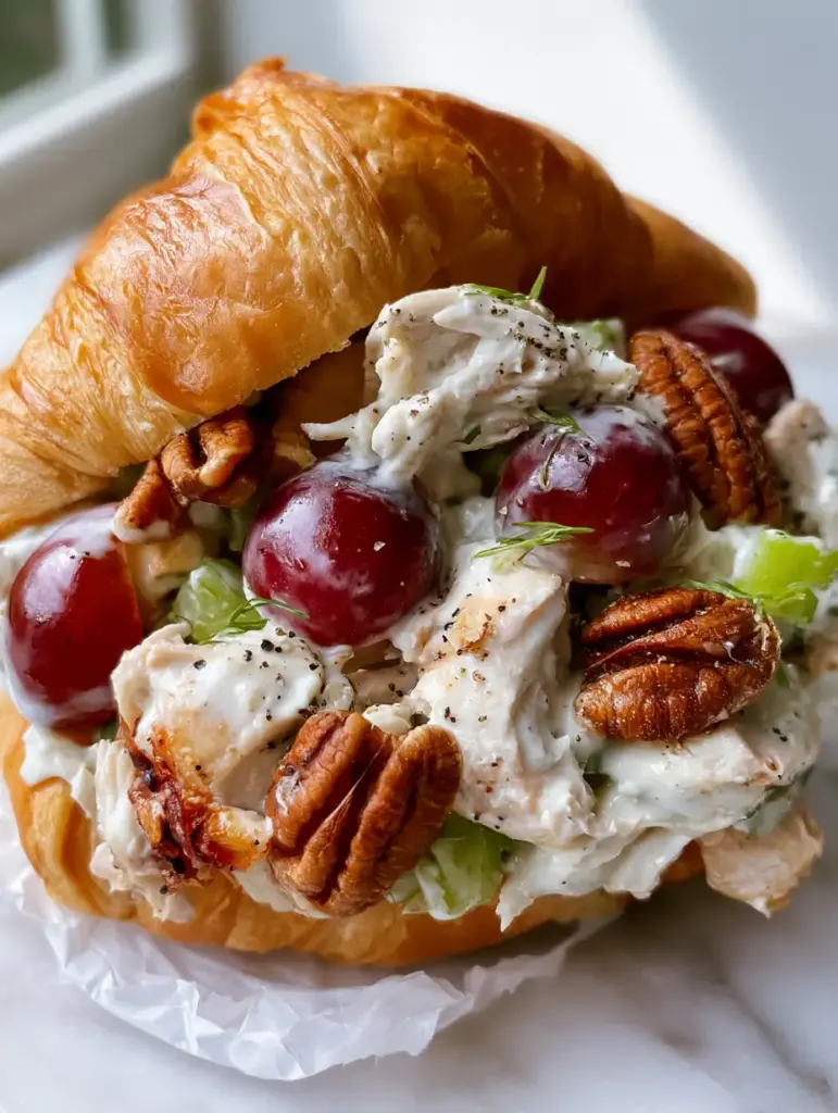 Chicken Salad with Grapes: The Ultimate Creamy Croissant Sandwich 1 Eye-level view of an overflowing chicken salad with grapes sandwich on a buttery croissant with visible crimson grape sheen.