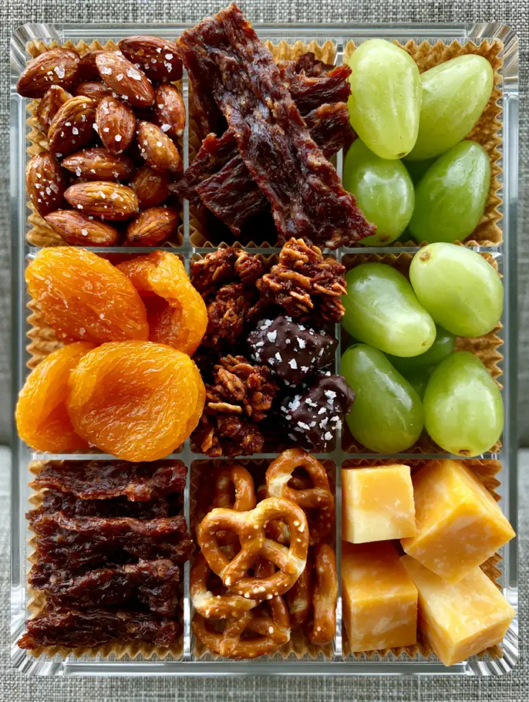 Healthy Road Trip Snacks: The Ultimate High-Protein Travel Box Guide 1 Close-up of dark chocolate granola clusters and vibrant orange apricots as part of a healthy road trip snacks tray.