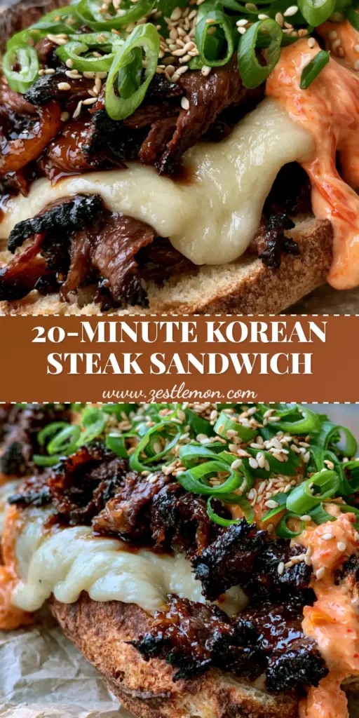 Korean Steak Sandwich with Glossy Bulgogi Glaze and Kimchi Aioli 3 A close-up handheld shot of a sliced Korean Steak Sandwich with melted provolone and kimchi aioli on crumpled parchment paper.
