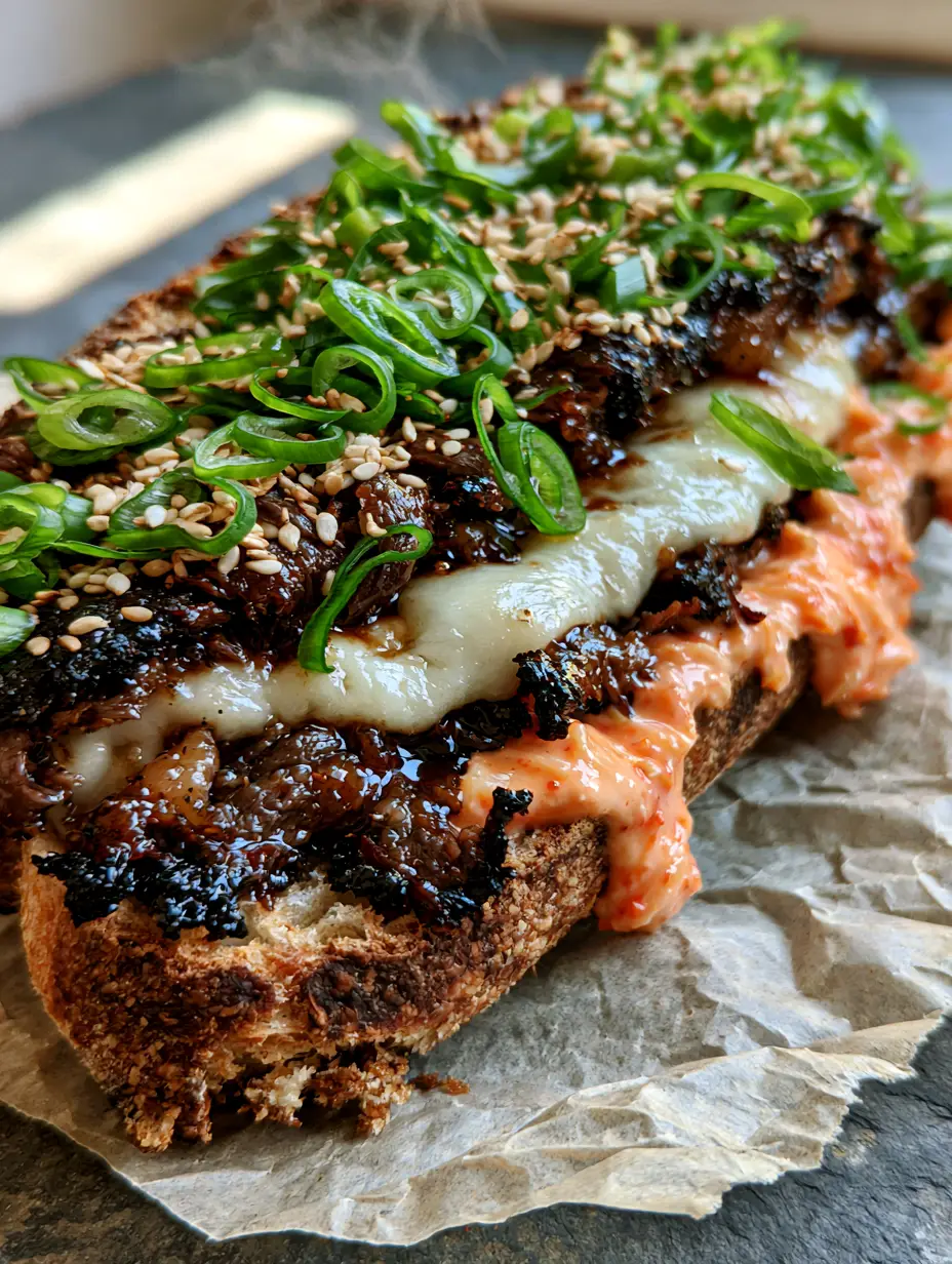 Korean Steak Sandwich with Glossy Bulgogi Glaze and Kimchi Aioli 4 Close-up of seared ribeye ribbons in a Korean Steak Sandwich with scallions and sesame seeds.