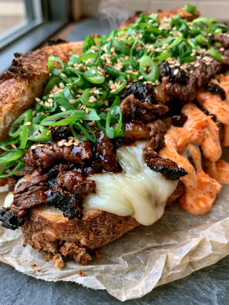 Korean Steak Sandwich with Glossy Bulgogi Glaze and Kimchi Aioli 1 A Korean Steak Sandwich with orange kimchi aioli cascading down the side on a dark slate background.