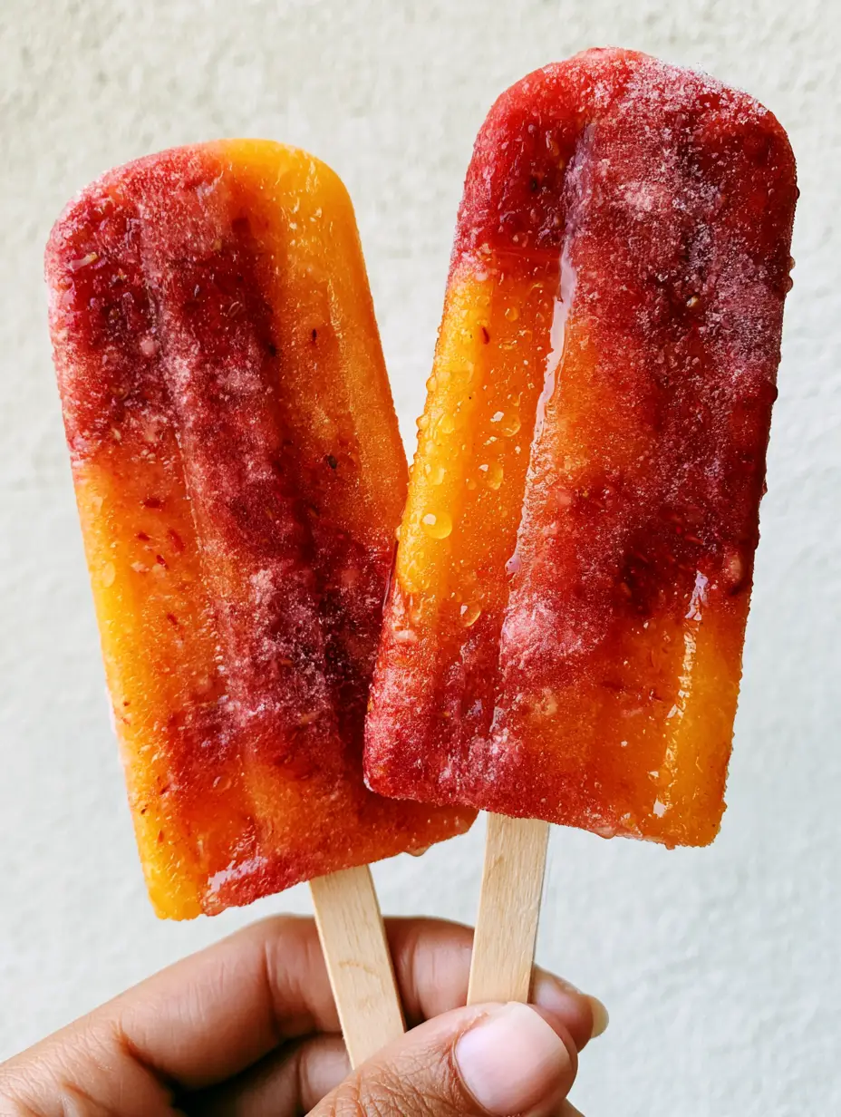 Strawberry Mango Popsicles: The Ultimate Gourmet Marbled Fruit Bar 3 Close-up of Strawberry Mango Popsicles showing deep crimson strawberry seeds and orange mango fiber with condensation droplets.