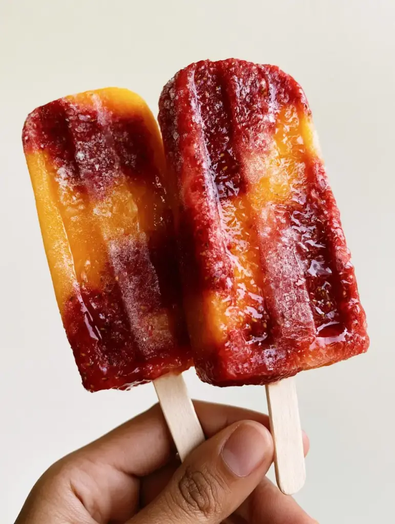 Strawberry Mango Popsicles: The Ultimate Gourmet Marbled Fruit Bar 1 Two vertical Strawberry Mango Popsicles on wooden sticks featuring a thick marbled swirl of crimson and orange.