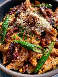 Macro shot of sunset-orange cajun pasta sauce with mahogany bacon lardons and emerald asparagus. (bacon asparagus cajun pasta)