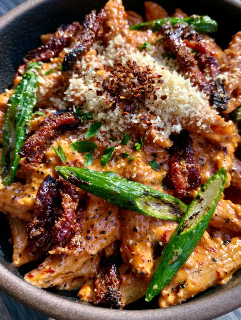 Bacon Asparagus Cajun Pasta with a Vibrant Orange Cream Sauce 2 Macro shot of sunset-orange cajun pasta sauce with mahogany bacon lardons and emerald asparagus. (bacon asparagus cajun pasta)