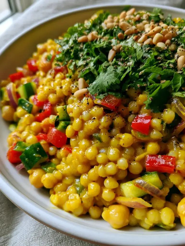 Curried Couscous Salad with Golden Moroccan Dressing 2 Extreme macro close-up of glossy golden curried couscous salad with chickpeas and cilantro. (curried couscous salad)