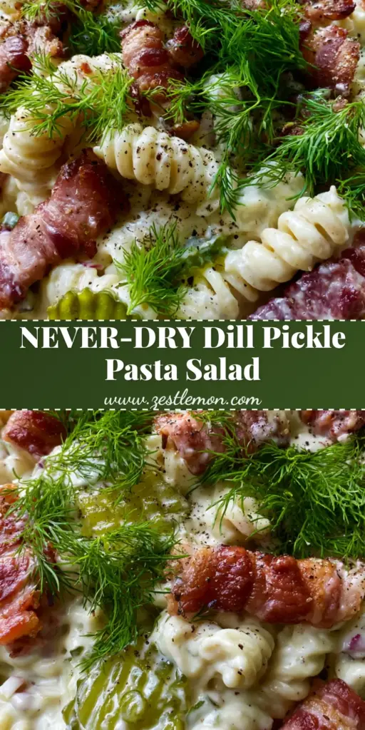 Dill Pickle Bacon Pasta Salad with the Creamiest Garlic Herb Dressing 4 A large ceramic bowl filled with creamy Dill Pickle Bacon Pasta Salad garnished with fresh dill fronds and cracked black pepper.