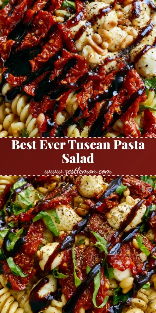 Tuscan Pasta Salad with Sun-Dried Tomatoes and Balsamic Glaze 4 Gourmet Tuscan pasta salad with sun-dried tomatoes, mozzarella pearls, and balsamic glaze in a stoneware bowl.