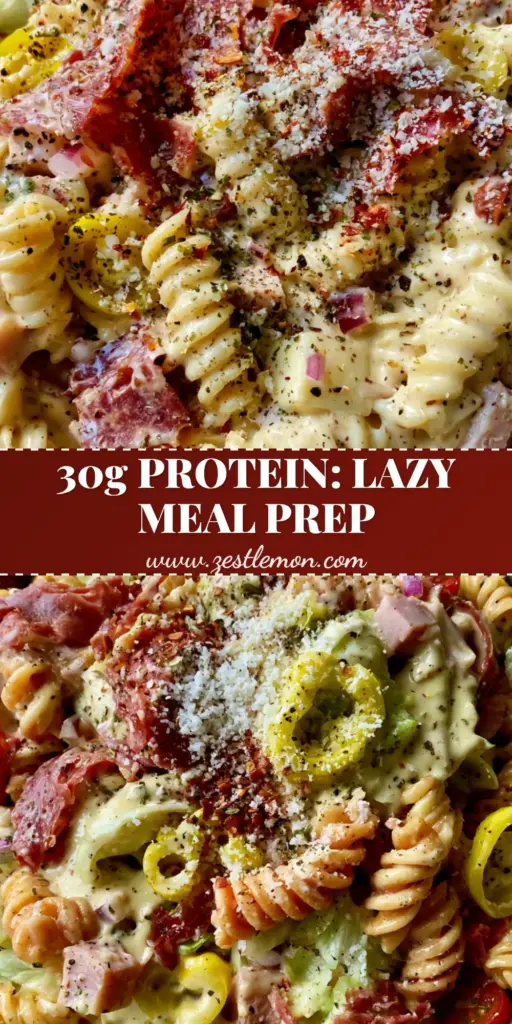 High Protein Grinder Pasta Salad: The Ultimate Creamy Italian Meal Prep 3 A top-down view of a high protein grinder pasta salad in a matte ceramic bowl featuring rotini, salami ribbons, and cherry tomatoes.