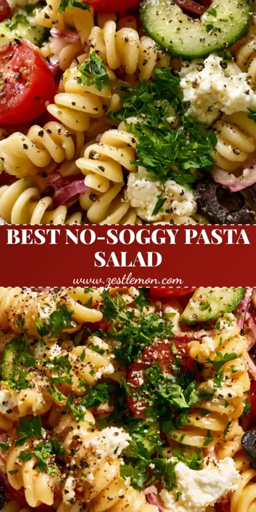 Tangy Pasta Salad with Zest Herb Vinaigrette and Feta 4 A vibrant, zesty bowl of tangy pasta salad with rotini, tomatoes, cucumbers, and feta cheese. (tangy pasta salad)