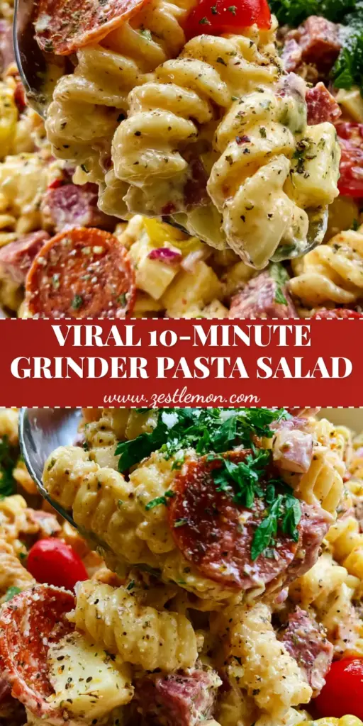 Chopped Grinder Pasta Salad: The Ultimate Maximalist Deli-Style Recipe 3 A maximalist chopped grinder pasta salad in a white bowl with a silver spoon lifting a scoop, showing rotini, pepperoni, and creamy dressing.