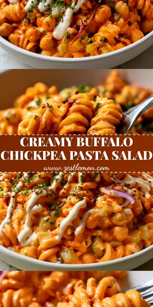 A vibrant Buffalo Chickpea Pasta Salad in a white bowl with a heavy vegan ranch drizzle and fresh chives. (buffalo chickpea pasta salad)