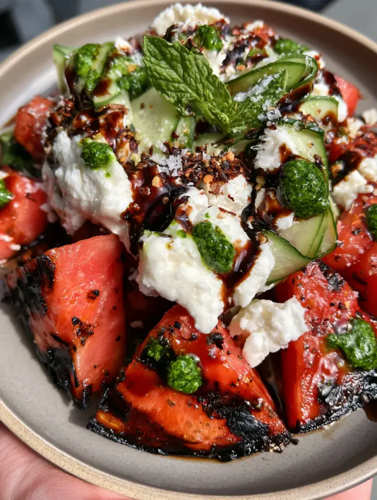 Grilled Watermelon Salad with Feta, Mint, and Balsamic Glaze 1 Handheld photo of a ceramic plate featuring grilled watermelon, thin cucumbers, and syrupy balsamic glaze.
