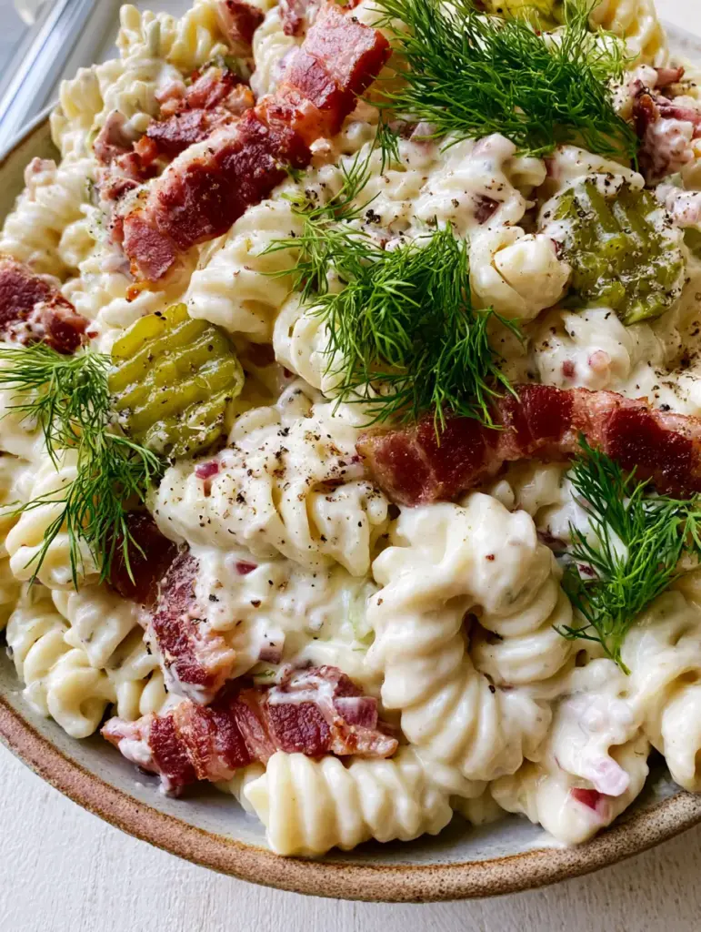 Top-down view of Dill Pickle Bacon Pasta Salad showing glossy white dressing on rotini with crispy bacon and green pickles.