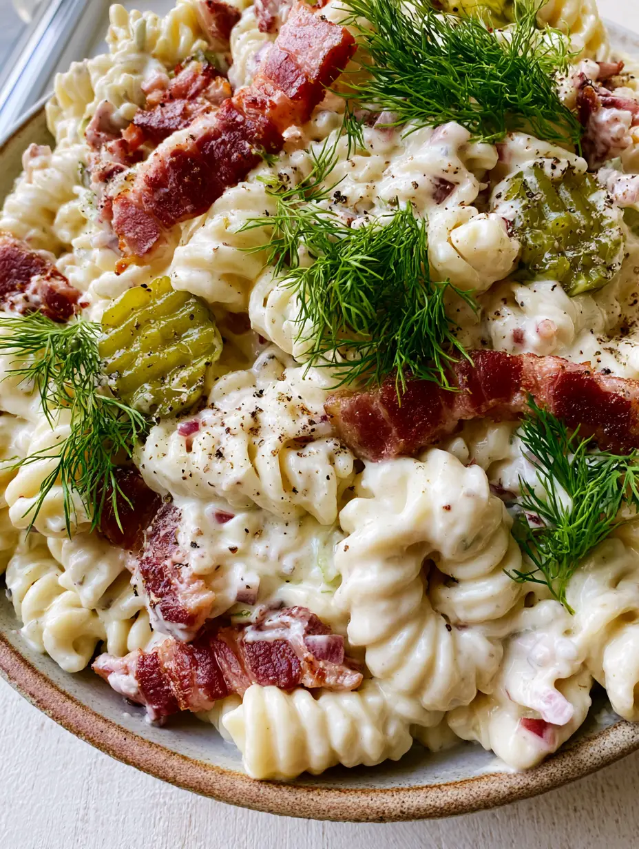 Dill Pickle Bacon Pasta Salad with the Creamiest Garlic Herb Dressing 3 Top-down view of Dill Pickle Bacon Pasta Salad showing glossy white dressing on rotini with crispy bacon and green pickles.