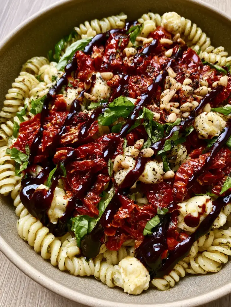 Close-up of Tuscan pasta salad showing fusilli spirals coated in herb vinaigrette and topped with julienned sun-dried tomatoes.