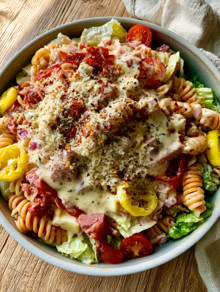 Bird's eye view of a vibrant high protein grinder pasta salad with creamy ivory dressing and bright red cherry tomatoes.