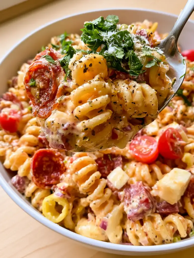 Close-up of chopped grinder pasta salad showing textures of provolone cubes, pepperoni rounds, and herb-flecked dressing. (chopped grinder pasta salad)