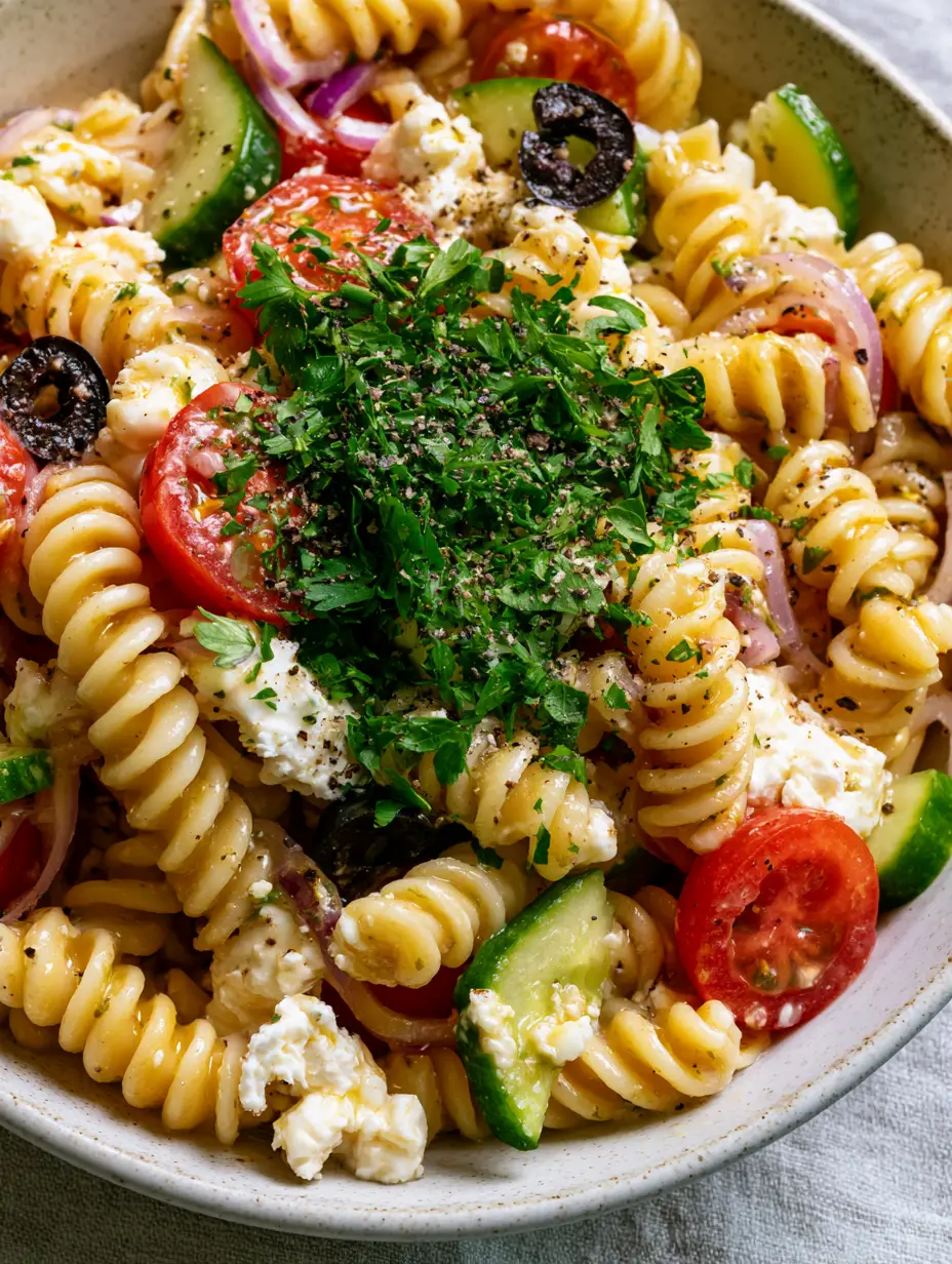 Tangy Pasta Salad with Zest Herb Vinaigrette and Feta 3 Macro close-up showing the glossy herb vinaigrette on al dente rotini spirals. (tangy pasta salad)