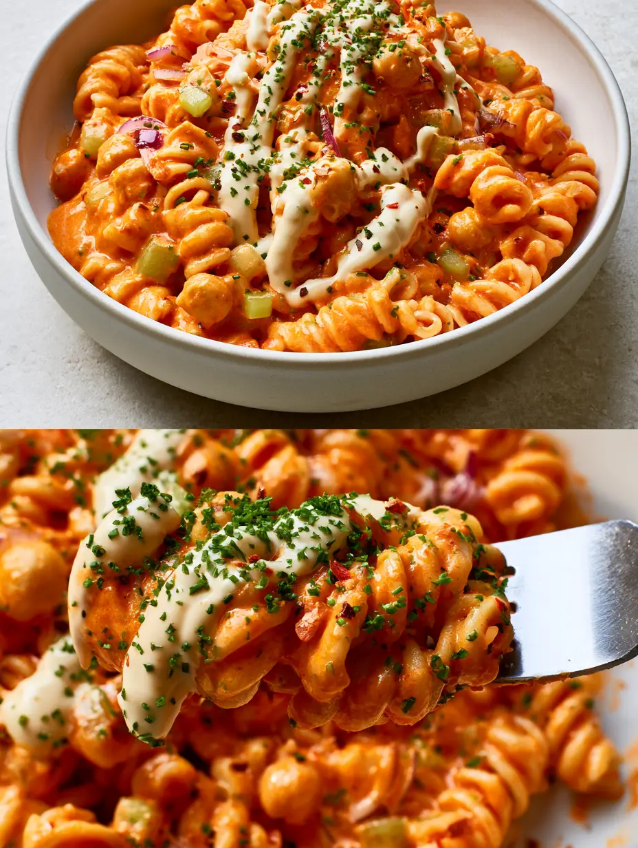 Split screen view of buffalo chickpea pasta salad showing an overhead bowl and a close-up fork lift of rotini pasta coated in safety-orange sauce.