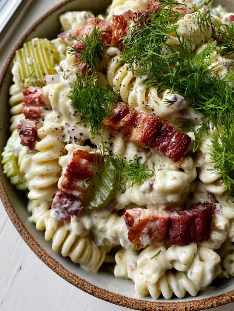 Dill Pickle Bacon Pasta Salad with the Creamiest Garlic Herb Dressing 1 Close up of crinkle-cut pickles and browned bacon lardons in a creamy pasta salad dish.