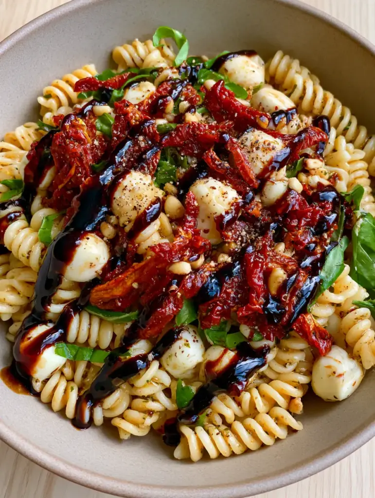Tuscan Pasta Salad with Sun-Dried Tomatoes and Balsamic Glaze 1 Top-down view of Tuscan pasta salad in a matte stoneware bowl with a zig-zag balsamic glaze pattern.