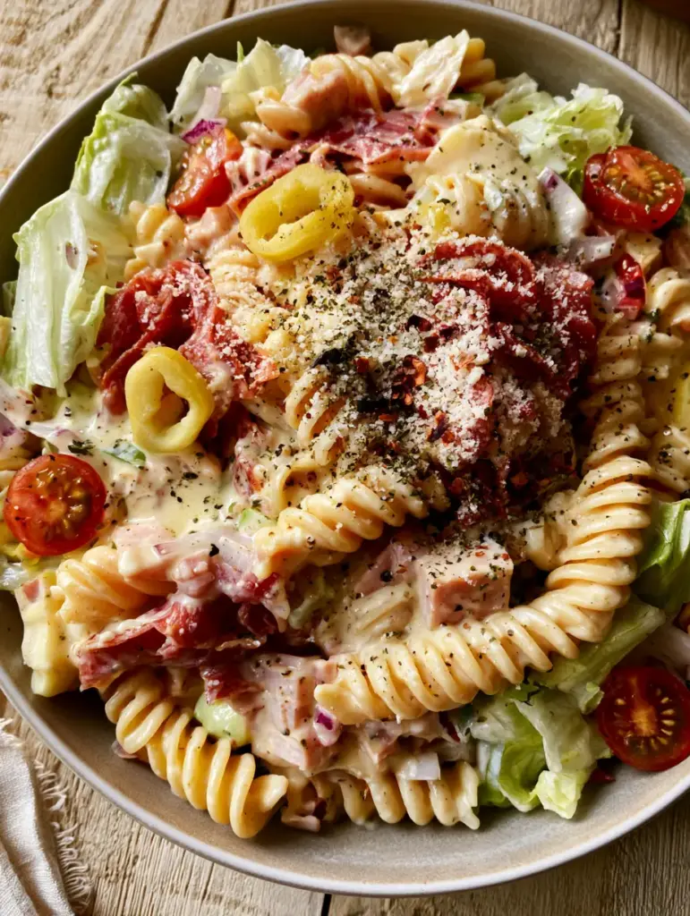 High Protein Grinder Pasta Salad: The Ultimate Creamy Italian Meal Prep 1 Close up of creamy high protein grinder pasta salad showing the visible specks of oregano and red chili flakes.