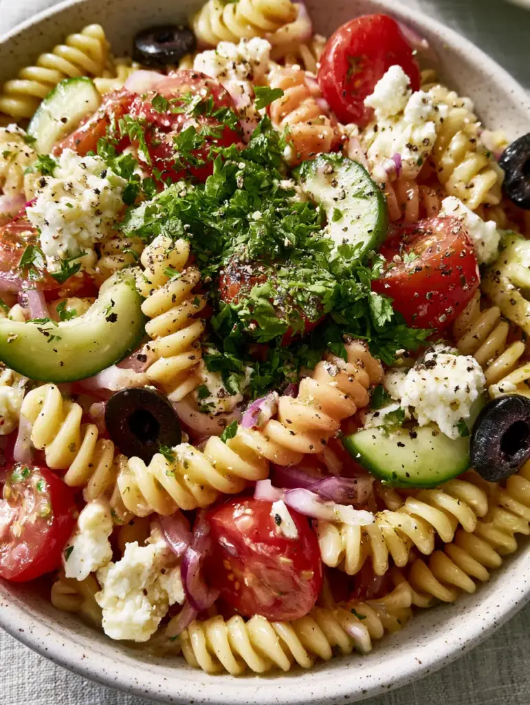 Tangy Pasta Salad with Zest Herb Vinaigrette and Feta 1 A modern speckled ceramic bowl filled with colorful tangy pasta salad ingredients like cucumber and kalamata olives.