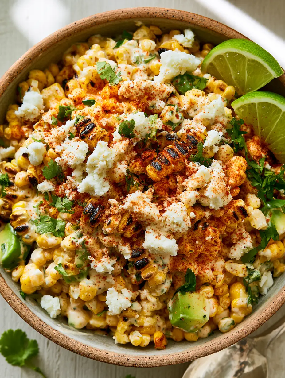 Summer Corn Salad with Charred Sweet Corn and Lime-Crema 4 Close-up of golden sweet corn kernels with distinct dark charred grill marks in a ceramic bowl. (summer corn salad)