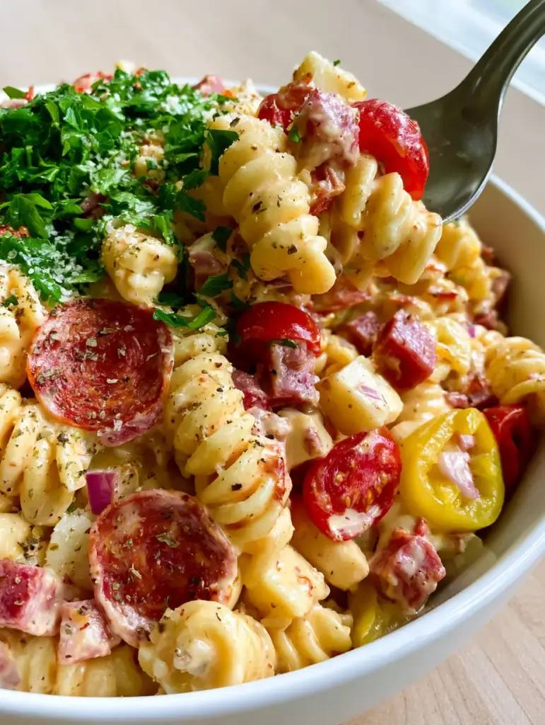 Chopped Grinder Pasta Salad: The Ultimate Maximalist Deli-Style Recipe 1 High-angle shot of a maximalist chopped grinder pasta salad topped with fresh parsley and parmesan on a light wood counter.