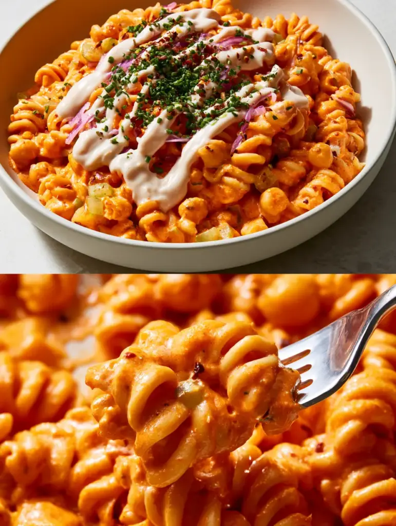 Close-up of buffalo chickpea pasta salad highlighting the translucent green celery and paper-thin red onions. (buffalo chickpea pasta salad)