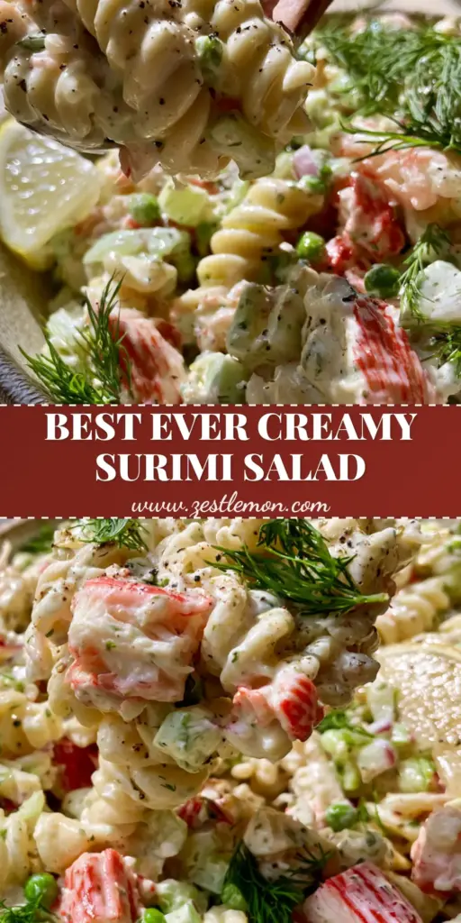 Surimi Pasta Salad with Creamy Herb Dressing and Fresh Dill 4 A top-down view of a textured ceramic bowl filled with surimi pasta salad, featuring glossy rotini, shredded crab with red edges, and fresh dill sprigs. (surimi pasta salad)